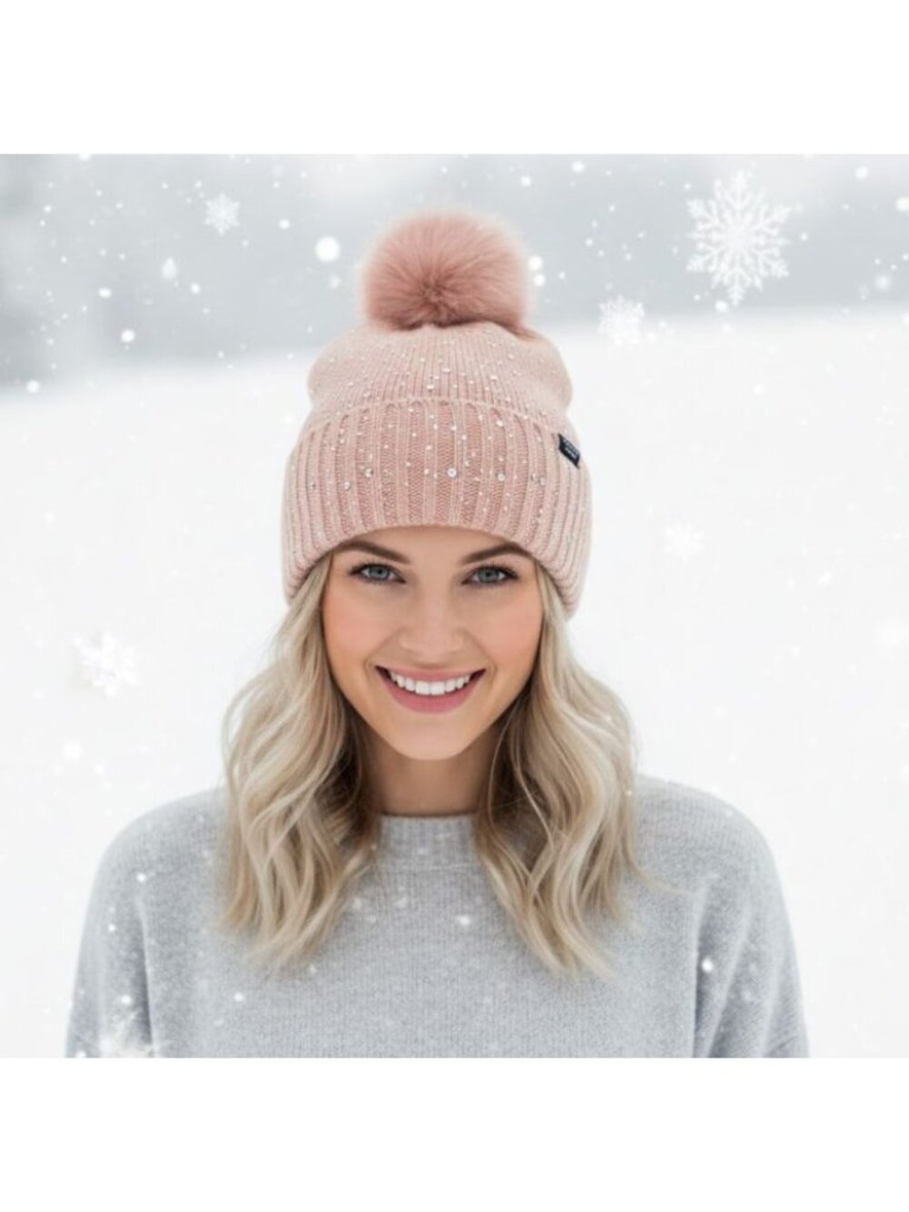 ❤️Women Victorias Secret studded beanie POM POM Hat BRAND Coral Ring Stones Glam